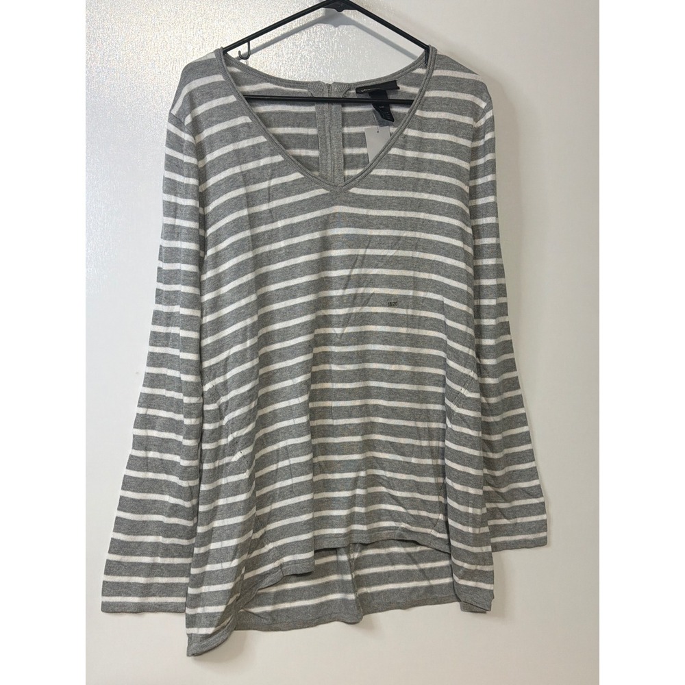 Lane Bryant Grey White Striped V-Neck Back Zip Sweater 18/20 NWT